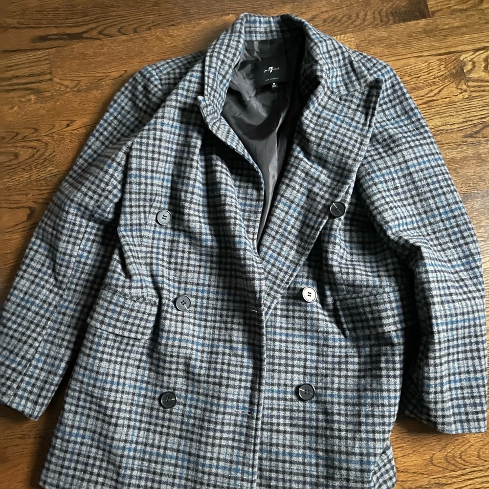 7 For All Mankind Blue and Gray Checkered Pea Coat Blazer